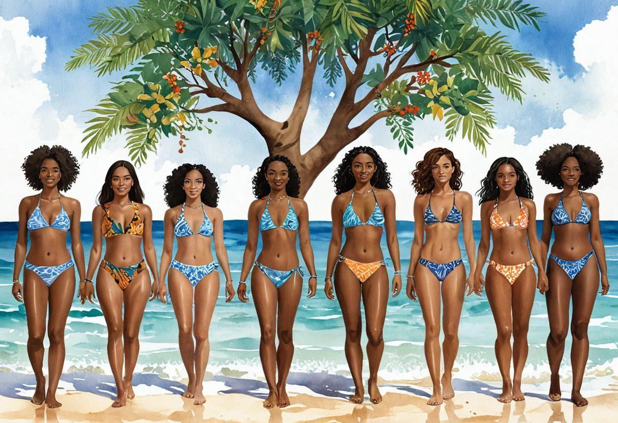 A whimsical illustration of diverse swimwear styles from various cultures, intertwined with ancestral symbols and patterns. Background elements include a serene beach with gentle waves, and a family tree branching out towards the sky. The image should reflect vibrant colors to highlight the rich heritage and joyful spirit of discovery. Include individuals of different ethnic backgrounds, showcasing their unique swimwear and cultural pride. watercolor. vibrant colors. beach setting.
