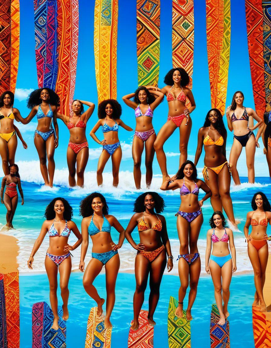 A vibrant beach scene featuring diverse individuals of different ethnicities wearing stylish swimwear that reflects their cultural heritage. Include colorful patterns and unique designs inspired by various traditions. The background should showcase clear blue waters and a sunny sky, with elements that symbolize unity and diversity, such as intertwined fabric patterns. super-realistic. vibrant colors. white background.